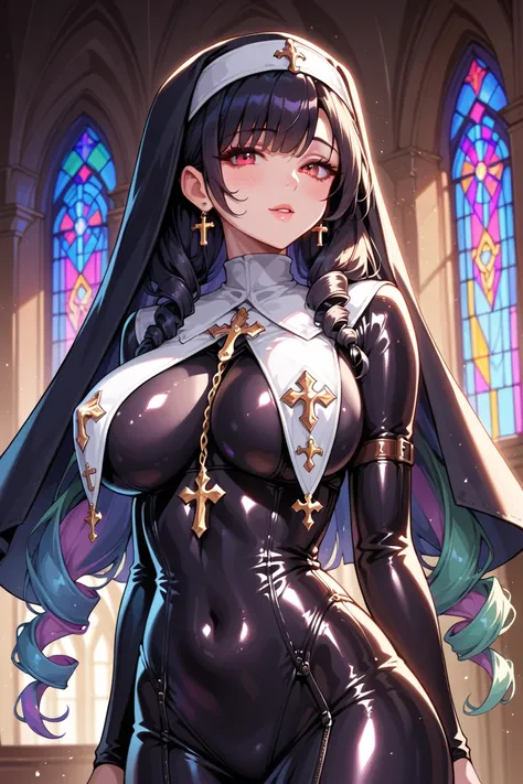 celestia ludenberg, long hair, bangs, black hair, red eyes, long sleeves, twintails, drill hair, twin drills,large breasts, latex nun, nun, habit, detached sleeves, breast curtains, 1girl, solo, large breasts, latex bodysuit nun, latex, latex bodysuit, nun...