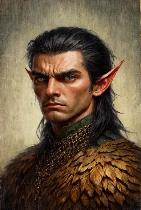 Caucasian man, pointy ears, brown skin, angry look, chainmail, leaves