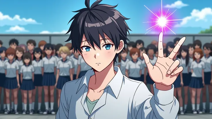 "Create a vibrant anime-style illustration of a calm and confident young protagonist standing at the forefront of a crowd of students wearing matching sports uniforms. The protagonist has a focused expression, dark tousled hair, and piercing blue eyes, wit...