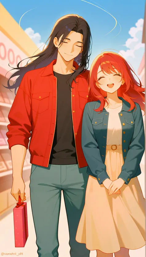 masterpiece, anime, kawaii, romantic, best quality, 2others, couple, mature, Adult, height difference, different fashion, different colors, casual clothes, Stylish Jacket, smile, happy, love, spinning wind, blue sky, Man with long hair, Man with light brow...