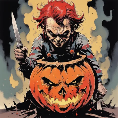  Generate a cartoon drawing from the 80s ,  in which the character Chucky comes out of a Halloween pumpkin, with a knife, Use a color palette of red ,  gray and black .