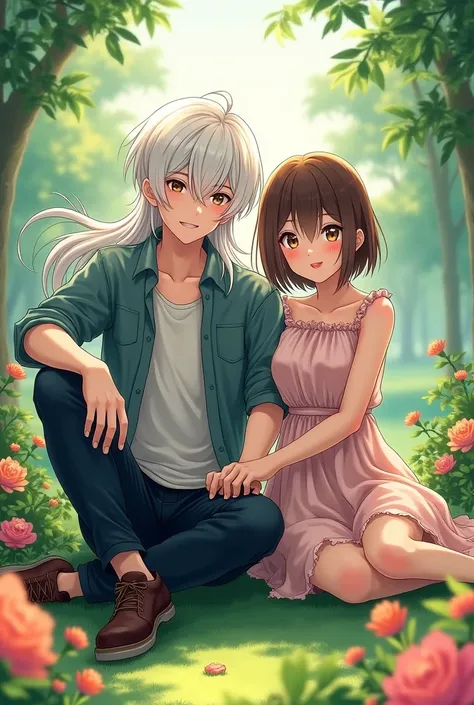 Generate a handsome guy with long white hair ,  handsome young man without a beard wearing handsome boys clothes next to a pretty girl with short hair with brown hair, the two of us sitting in a garden looking at the anime-style camera 