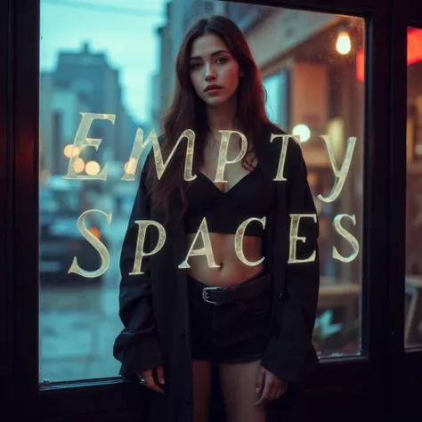 The image features a young Korean woman, a K-drama actress, posing in a melancholic and dreamy setting. She stands in front of an empty cafe, surrounded by hazy, reverb-drenched lighting, symbolizing the title "Empty Spaces." The background showcases a blu...