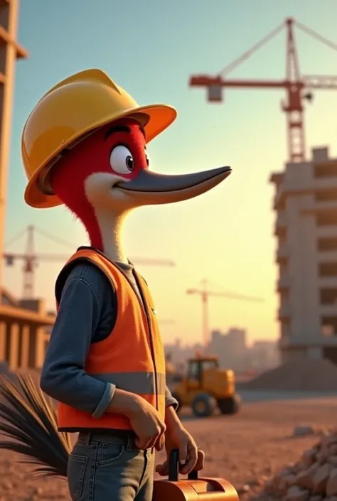 Cena 1:  The Woodpecker arrives at the construction site early .  The sky is clear ,  with shades of orange and blue , and the sun is rising.  He wears a safety helmet and a construction vest ,  with a toolbox next to .  He looks enthusiastically at the un...