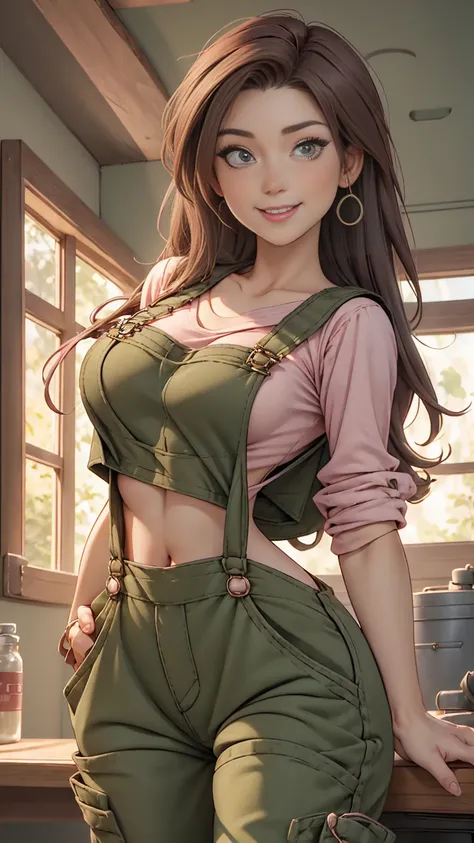 ((1girl)), Jewel Staite as Kaylee from Firefly, ((undone olive green overalls)), ((short pink crop top)), ((long brunette hair)), perfect breasts, sexy pose, smile, spaceship engine