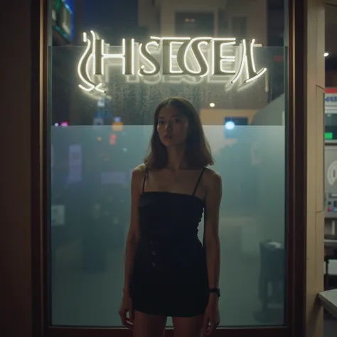 The image features a young Korean woman, a K-drama actress, posing in a melancholic and dreamy setting. She stands in front of an empty cafe, surrounded by hazy, reverb-drenched lighting, symbolizing the title "Empty Spaces." The background showcases a blu...