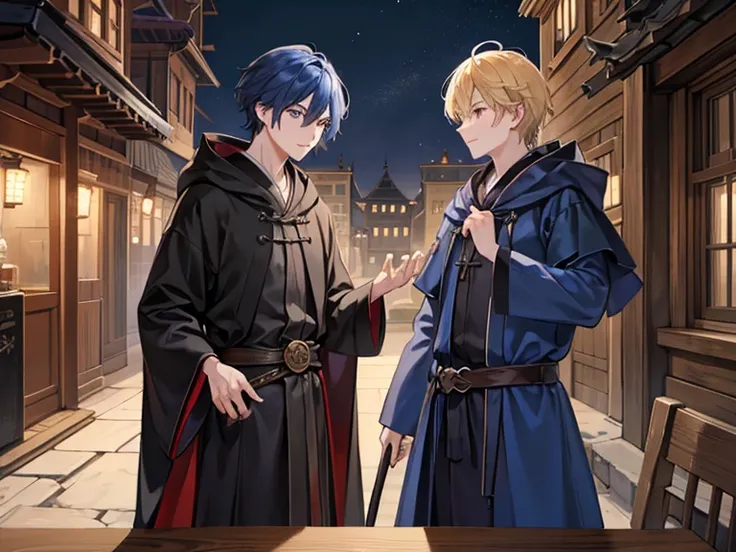  A male wizard in a dark blue robe is having a conversation with his hood friend who is a blond blacksmith。middle ages。Craftsman Street 