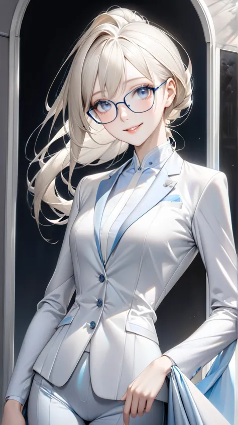 solo。
  realistic drawing。 high image quality。 High Quality 。 Digital Painting 。Pale colors。

（Beauty、 Slender。）
（ hero suit。）
（ platinum blonde :1.5、 low ponytail）
（Droopy eyes。 blue and gray gradation eyes。 Underrim Glasses、RECTANGLE ）
Alluring。 smiles。
...