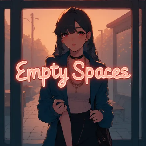 The image features a young Korean woman, a K-drama actress, posing in a melancholic and dreamy setting. She stands in front of an empty cafe, surrounded by hazy, reverb-drenched lighting, symbolizing the title "Empty Spaces." The background showcases a blu...