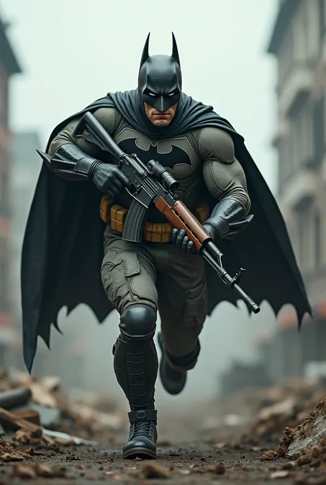 Batman in a Ukrainian uniform runs to the attack with ak 