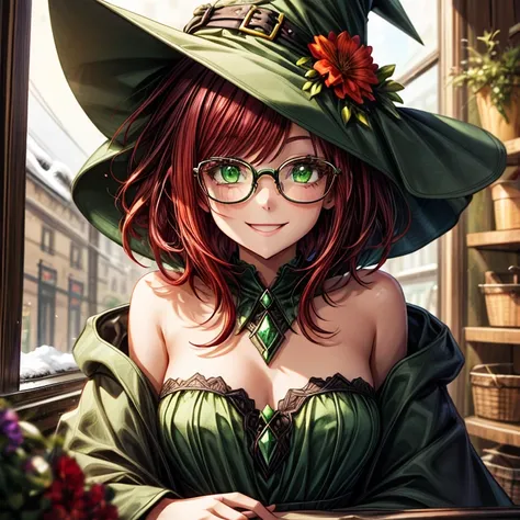 Short,  red hair ,  green eyes ,  metal-framed glasses ,  green witch hat ,  green cloak ,  green strapless dress, smiling girl in a flower shop by a snowy window.