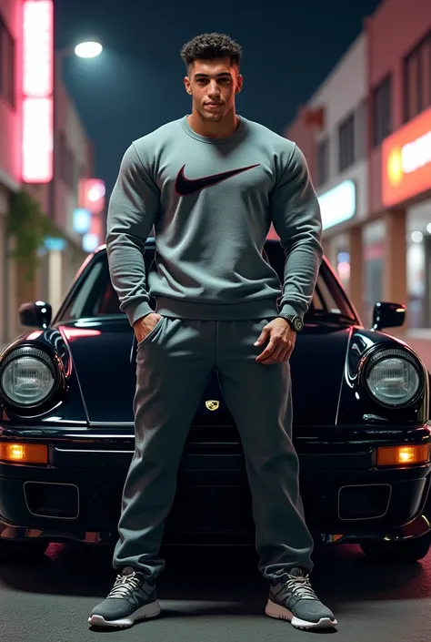 A muscular boy with an exaggerated and impressive physique, casually posing against a shiny black Porsche parked on a modern urban street. He is wearing a gray Nike sweatshirt with the name " displayed on the chest, paired with track pants and a pair of st...