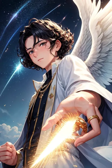 A boy, very handsome young man , with black hair and between curly and wavy, not smooth . May he be a male angel , effeminate, man,  flying in a heavenly sky and having the saints ring of light over his head. Coming down from the sky spreading wings and pr...