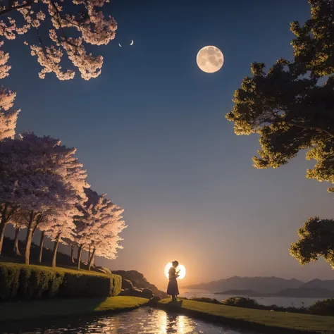 (Masterpiece, highest quality, official art, beauty and aesthetic), two schoolgirls are deeply in love with each other, kiss, romantic atmosphere, flower and moon, bathe in the moonlit breeze, magnificent panorama view