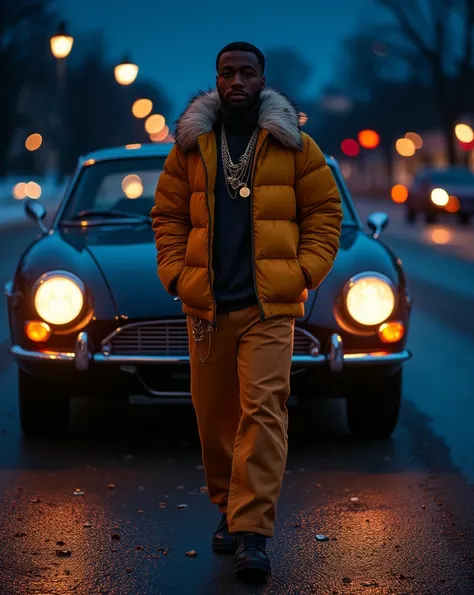 Create an image of A chubby African American man, wearing a winter outfit with bling-bling accessories, walking in front of his retro Jaguar car at night, with bokeh effect. A masterpiece hyper-realistic illustration with a strong influence of Don Lawrence...