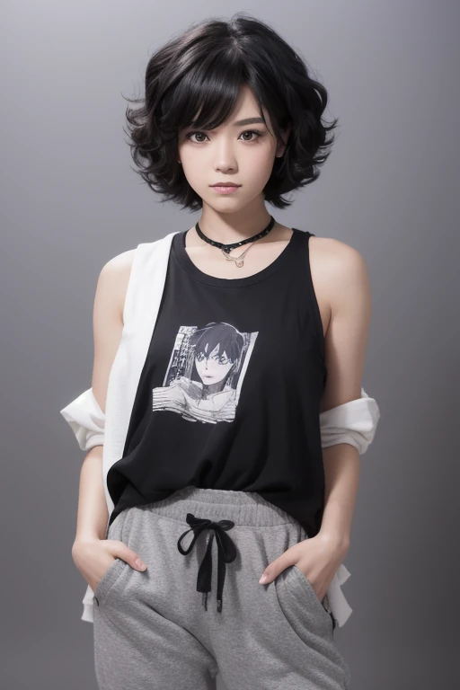 A young woman with black hair, wearing a white tank top and dark gray pants, is holding up his jacket to show off the t-shirt underneath it, while also posing in an anime-style manner. The character has short, curly hair and wears a necktie, with hands han...