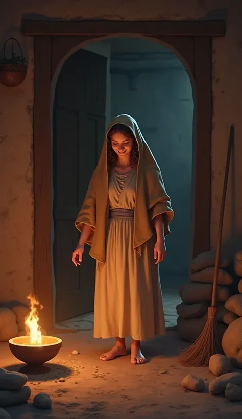 Create a scene from the parable of the lost coin. The scene takes place in the Galilee region in the first century. In the scene with a burning lamp and a broom.  The woman is happy because she just found the coin she had lost. The house is humble . The we...