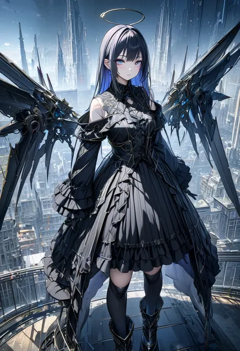 (masterpiece, top quality:1.2,超 high definition , detailed description 、 high detail、correct、  high definition )、Machine Angel、Exposing Gothic Lolita Clothes 、Black knee-highs、Mechanical Wings、(((Photograph the whole body)))、Panoramic cityscape