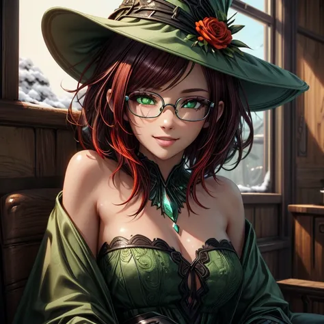 Short,  red hair ,  green eyes ,  metal-framed glasses ,  green witch hat ,  green cloak ,  green strapless dress, smiling girl in a flower shop by a snowy window. ( masterpiece fails,  top quality ,  better quality ,  official art ,  beautiful and aesthet...