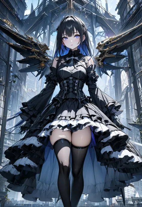 (masterpiece, top quality:1.2,超 high definition , detailed description 、 high detail、correct、  high definition )、Machine Angel、Exposing Gothic Lolita Clothes 、Black knee-highs、Mechanical Wings、(((Photograph the whole body)))、Panoramic cityscape