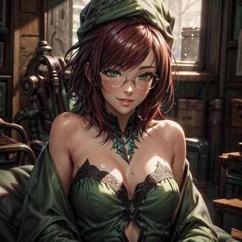 Short,  red hair ,  green eyes ,  metal-framed glasses ,  green witch hat ,  green cloak ,  green strapless dress, smiling girl in a flower shop by a snowy window. ( masterpiece fails,  top quality ,  better quality ,  official art ,  beautiful and aesthet...