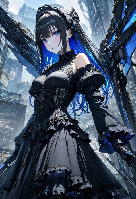 (masterpiece, top quality:1.2,超 high definition , detailed description 、 high detail、correct、  high definition )、 adult woman、Black hair with blue inner color、Machine Angel、Exposing Gothic Lolita Clothes 、Black knee-highs、Mechanical Wings、(((Photograph the...