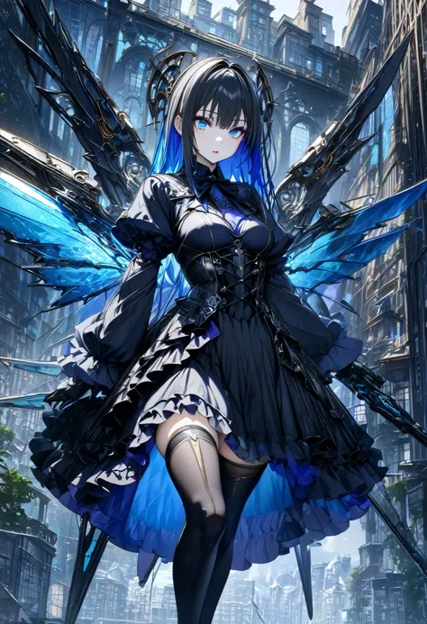 (masterpiece, top quality:1.2,超 high definition , detailed description 、 high detail、correct、  high definition )、 adult woman、Black hair with blue inner color、Machine Angel、Exposing Gothic Lolita Clothes 、Black knee-highs、Mechanical Wings、(((Photograph the...