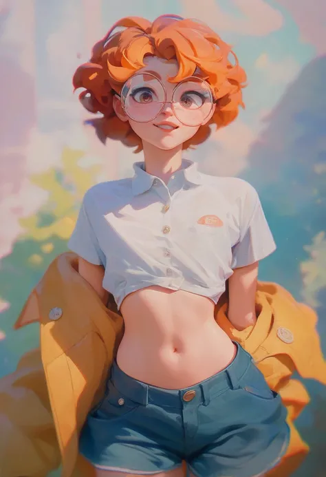 little 6-yr old boy, cute, round face, orange hair, wear round glasses , Cropped waist shirt show navel, wear short pants up to thigh, school yard background at noon light