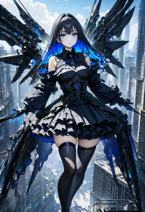 (masterpiece, top quality:1.2,超 high definition , detailed description 、 high detail、correct、  high definition )、 adult woman、Black hair with blue inner color、Machine Angel、Exposing Gothic Lolita Clothes 、Black knee-highs、Mechanical Wings、(((Photograph the...