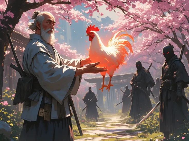 An old karate master, with a wise and solemn expression, dressed in traditional Japanese attire. He stands firmly in a serene garden, surrounded by ancient cherry blossom trees that cast a gentle pink hue on the scene. In his weathered yet powerful hands, ...