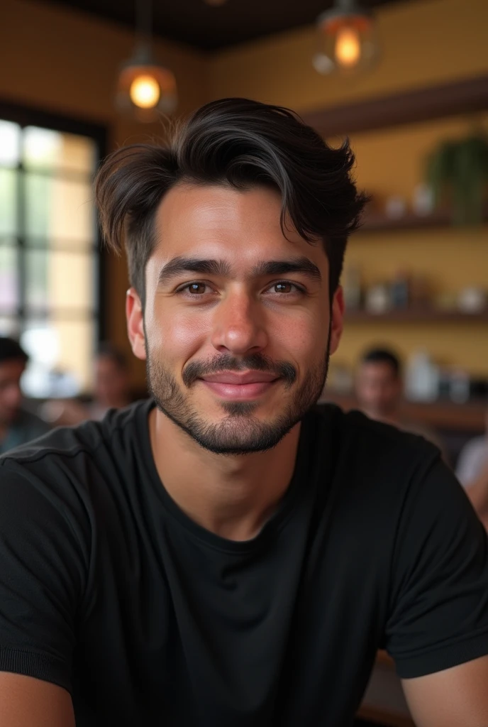  30-year-old Chilean man ,  wearing a black shirt and with a background in a cafeteria. Round-eyed man ,  with short hair .  On the sides and long up . 