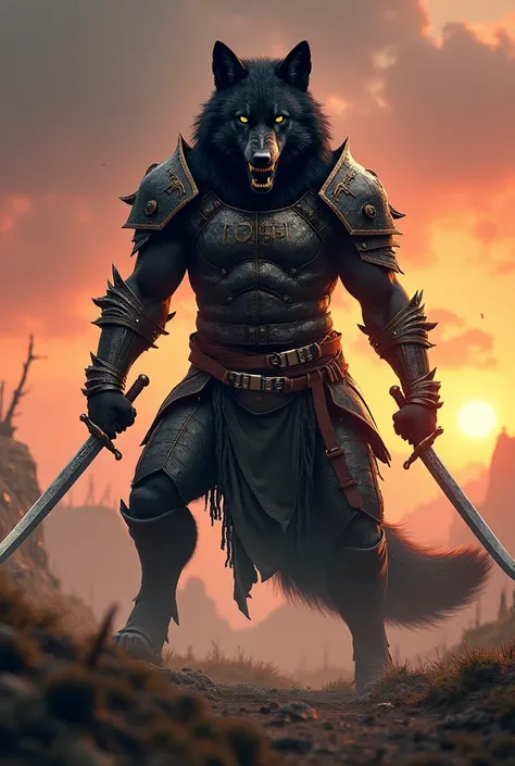 Black wolf as a warrior of 19th century standing on two feet with armor and  carring 2 sword ready to attack
