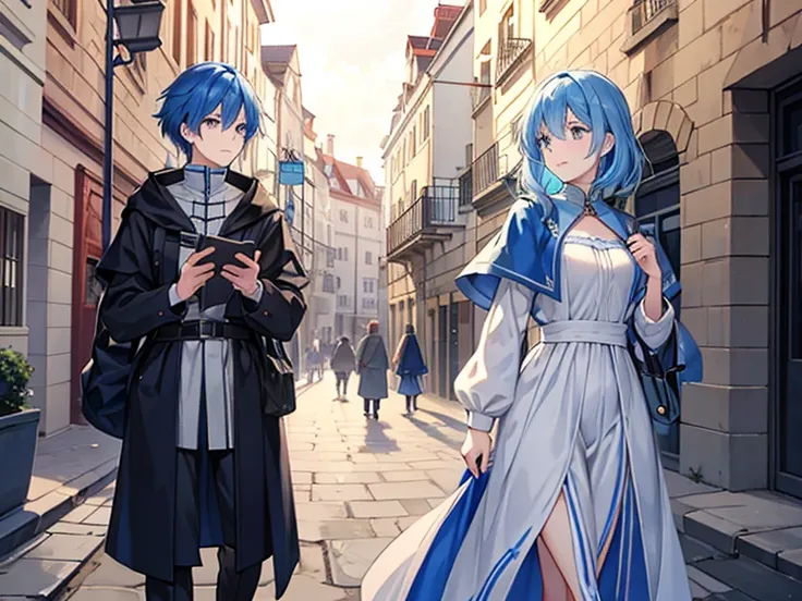 A blue-haired wizard majoring in meteorology at a medieval university is walking on the street at night