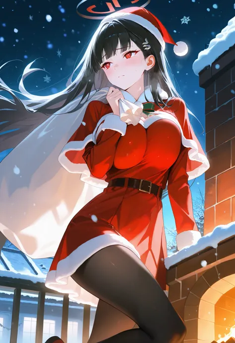 1girl, rio (blue archive), blue archive, black hair, red eyes, hair ornament, hair clip, halo, long hair, santa dress, santa hat, black pantyhose, fur-trimmed dress, capelet,
chimney, brick, breast press, stuck, snowing, arm support, rooftop, floating ha...