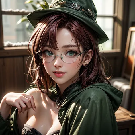 Short,  red hair ,  green eyes ,  metal-framed glasses ,  green witch hat ,  green cloak ,  green strapless dress, smiling girl in a flower shop by a snowy window. ( masterpiece fails,  top quality ,  better quality ,  official art ,  beautiful and aesthet...