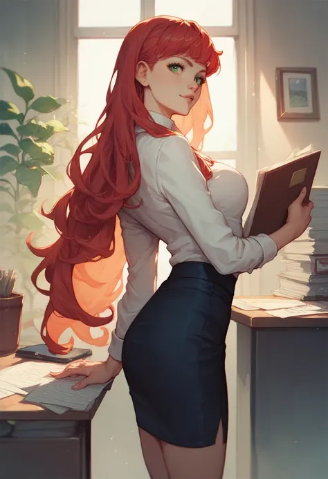 anime, Chiaca,  long hair, red hair,  green eyes, sueter,  short office skirt , 