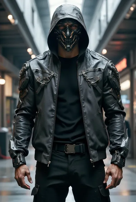 european male,futuristic hitech mask that cover his face,dark grey futuristic jacket,black shirt,black cargo pants