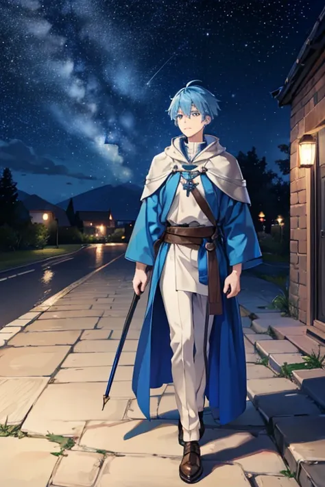 A blue-haired wizard man majoring in meteorology at a medieval university is walking alone on the street at night under a starry sky