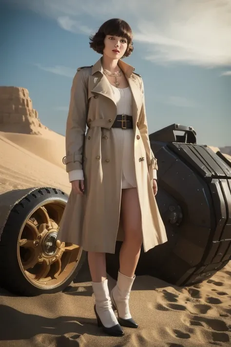 roaring twenties a cute christmassy 22yo woman, a stylish trench coat ensemble, in a futuristic mech suit, sand animation, 