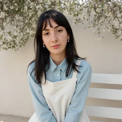 A serene young woman with an oval-shaped face and fair complexion, sitting on a white wooden bench under the soft dappled sunlight filtering through delicate tree branches. Her long, straight black hair is parted to the side, gently framing her face. She w...