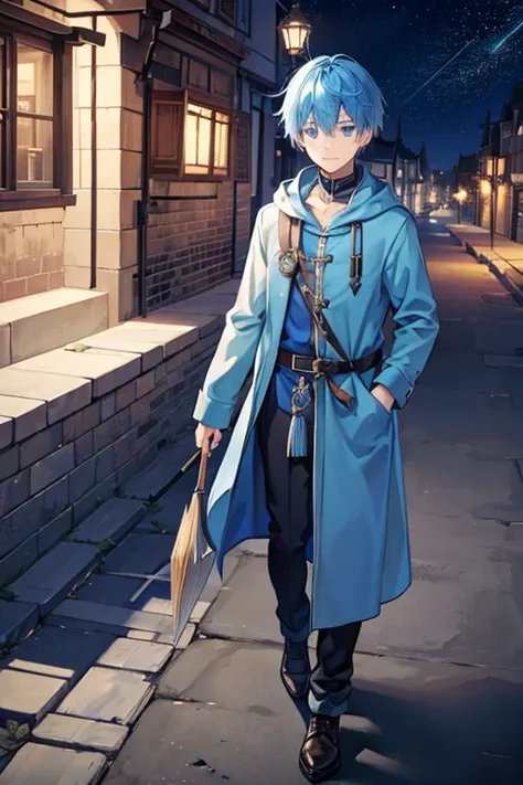 A blue-haired wizard man majoring in meteorology is walking alone through an old town under a starry sky