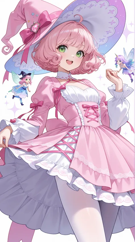 witch、Light pink hair、 green eyes、beautiful,curls hair、 bob cut,unicorn color, fashion,smile,happy,ribbon,frill,yume,girly pause,wave hair,whole body,witch hat,fairy fashion,lace,white tights,1girl,Fairy fashion,椅子に座る