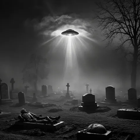 ((A dramatic scene in a foggy cemetery at night:1.4)), ((multiple skeletons emerging from graves:1.5)), ((skeletal arms breaking through the dirt:1.4)), ((a glowing UFO hovering in the sky, casting light beams on the graves:1.4)), ((tombstones and dead tre...