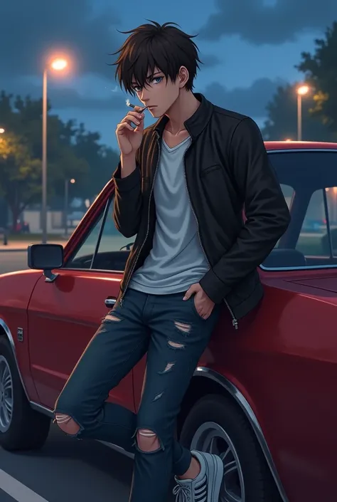 Man with dark brown and straight hair, grey eyes,  has a serious expression .  Already wearing a white shirt and a black leather jacket ,  with ripped jeans and sports shoes .  He is leaning on a red car outside the university on the parking street,  while...