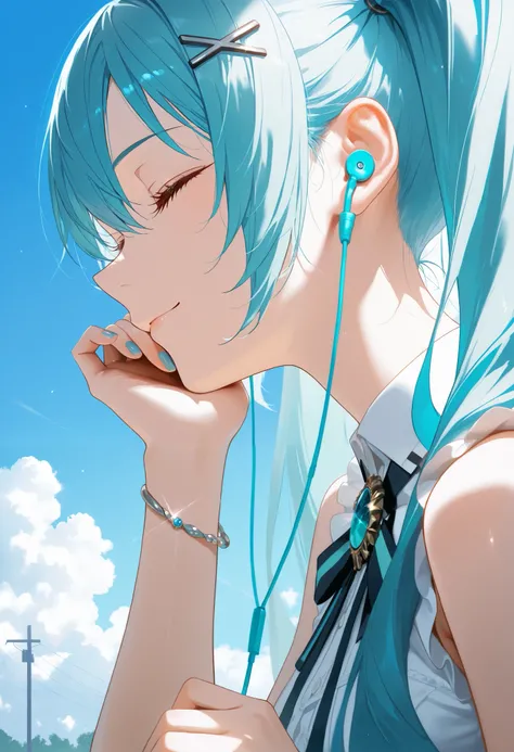 1girl, privaty (nikke), bare shoulders, blue hair, blue nails, blue sky, bracelet, brooch, close-up, closed eyes, closed mouth, day, earbuds, earphones, eyelashes, fingernails, frills, from side, glint, hair between eyes, hair ornament, hairclip, hand on o...