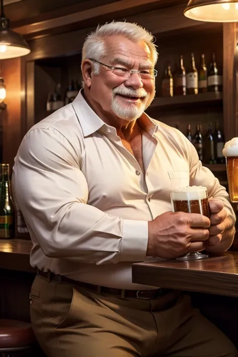 Fat strong elderly man 。 huge muscles。White open-collar shirt。brown chinos 。 drinking beer in a cheerful pub。