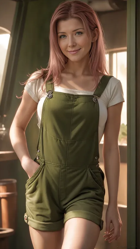 ((1girl)), Jewel Staite as Kaylee from Firefly, ((undone olive green overalls)), ((short pink crop top)), ((long brunette hair)), perfect breasts, sexy pose, smile, spaceship engine