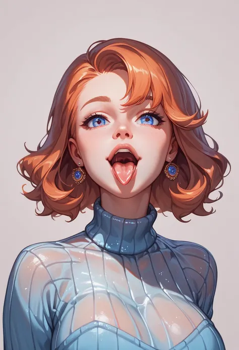 ( masterpiece ,  best quality ), 1 ,  pretty face, gwendolyn_Tennyson, breasts, (1 , Alone:1.3),, blank background,, not, medium plan,  upper body,  detailed face ,to smile,  Open mouth,  transparent sweater ,  showing tongue , 