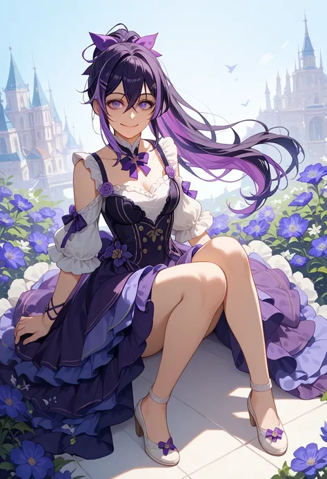 2d, masterpiece, best quality, anime, highly detailed, 1girl, solo, yuri, purple eyes, multicolor hair, long hair between eyes, ponytail, hairclip, smile, flower dress, yandere face, full body scene