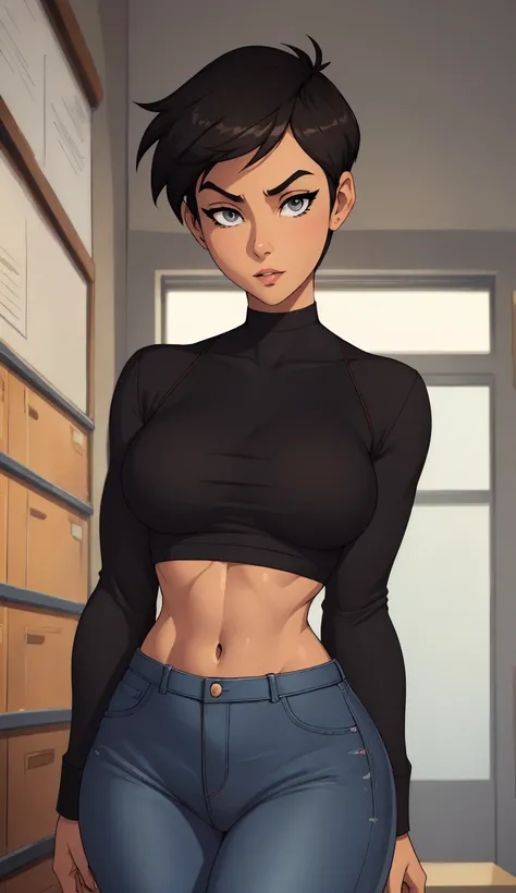 ((ultra quality)), ((masterpiece)), Lois Lane, short stature, ((black short hair tomboy hairstyle)), (Beautiful face), (beautiful female lips), (), charming, ((sexy facial expression)), looks at the camera, eyes slightly open, (light skin color), (light sk...